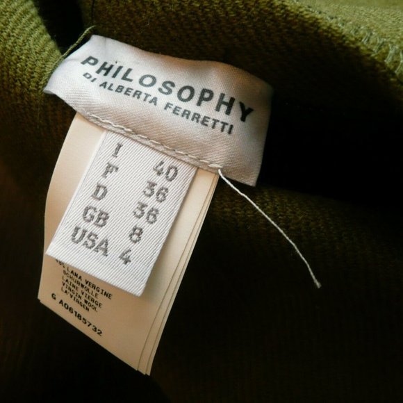 Philosophy Di Alberta Ferretti Long Wool Coat Olive Green with Brown USA Size 4 - Picture 8 of 16
